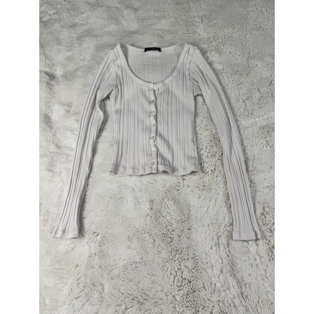Brandy Melville White Ribbed Henley Long Sleeve Top